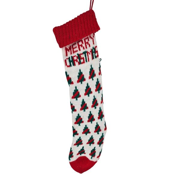 Vintage Christmas Knit Stocking Trees Merry Christmas Retro Holiday Decor Cozy - Picture 1 of 2